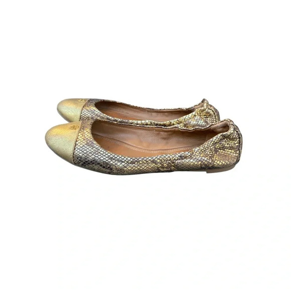 Tory Burch Snakeskin Metallic gold flats with small back hee size 9 - Picture 4 of 9
